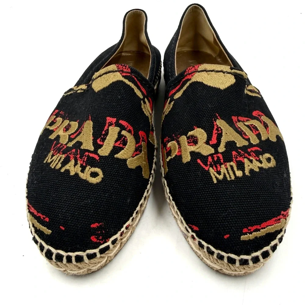 Prada Logo Espadrilles Black Canvas Gold Red Embroidered Flats Sz 36 / 6